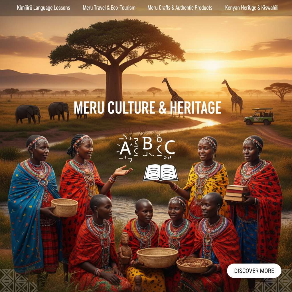 "A group of Meru women dressed in traditional colorful attire, adorned with intricate beadwork, gathered outdoors in a serene African landscape at sunset. In the background, a large baobab tree stands tall with elephants and giraffes roaming the grassy plains under a golden sky."
