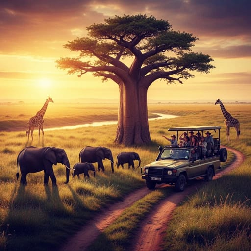 Meru Travel and Eco-Tourism: Safari vehicle with tourists observing elephants and giraffes near a baobab tree.